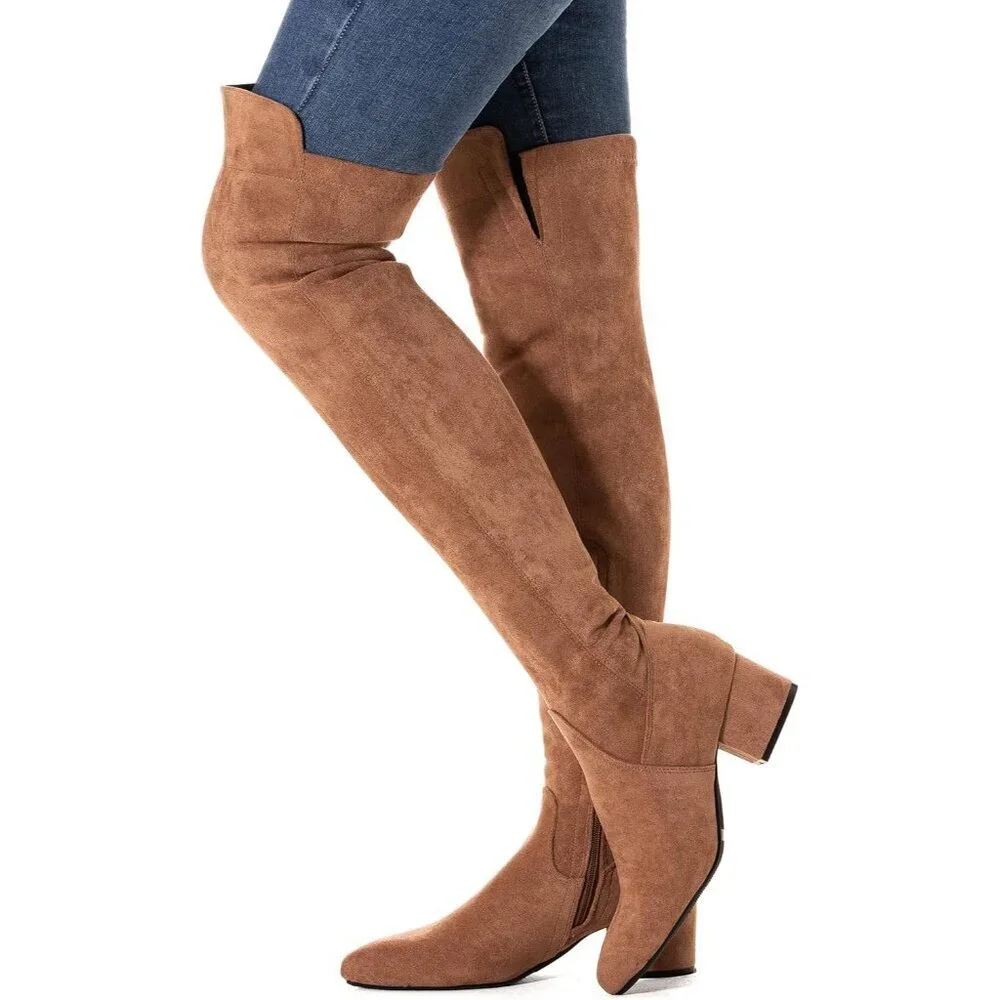 Women Brown/2 Inch Heel Faux Suede Over The Knee Thigh High Low Block Heel Boot